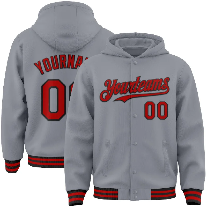 Modern Unisex Clothing For Any Occasion Essentials On Sale Custom Gray Red-Black Bomber Full-Snap Varsity Letterman Hoodie Jacket