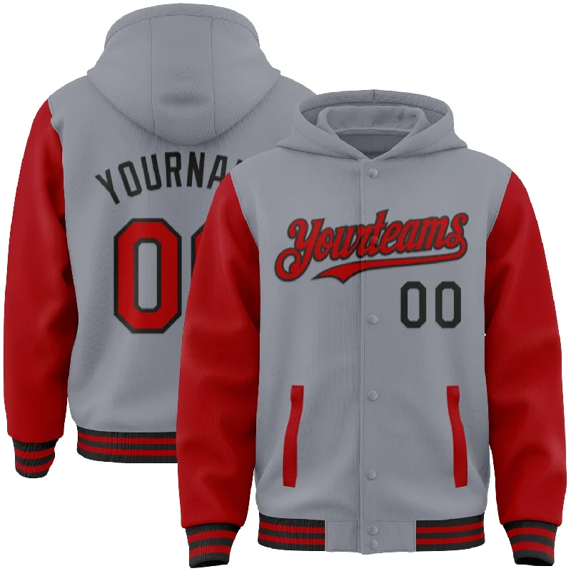 Casual Yet Sophisticated Unisex Fashion Easy Elegance Sales Custom Gray Red-Black Bomber Full-Snap Varsity Letterman Two Tone Hoodie Jacket