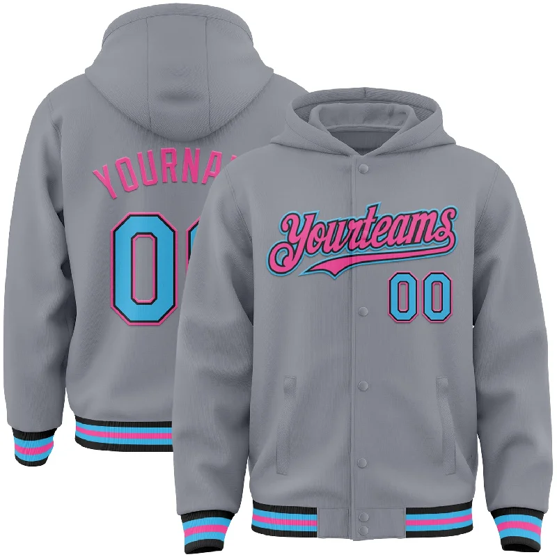 Functional And Stylish Unisex Outerwear Refined Fashion Sale Custom Gray Sky Blue Black-Pink Bomber Full-Snap Varsity Letterman Hoodie Jacket