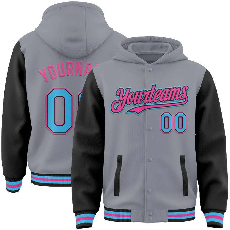 Oversized Unisex Apparel For Effortless Style New In This Season Custom Gray Sky Blue Black-Pink Bomber Full-Snap Varsity Letterman Two Tone Hoodie Jacket