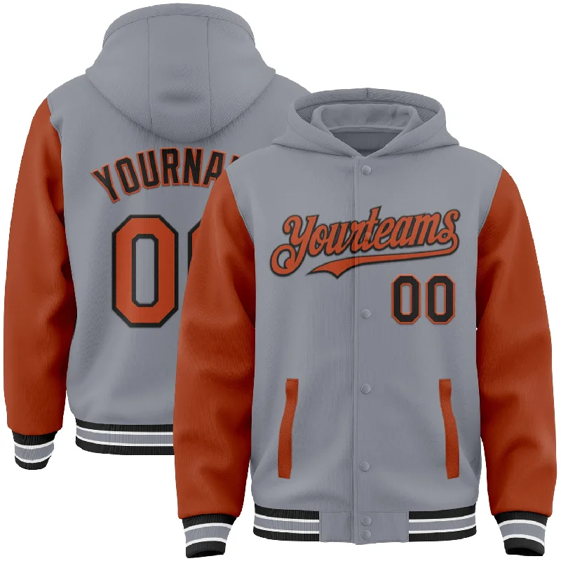 Fashion-Forward Gender-Neutral Outfit Ideas Huge Markdowns Custom Gray Texas Orange-Black Bomber Full-Snap Varsity Letterman Two Tone Hoodie Jacket