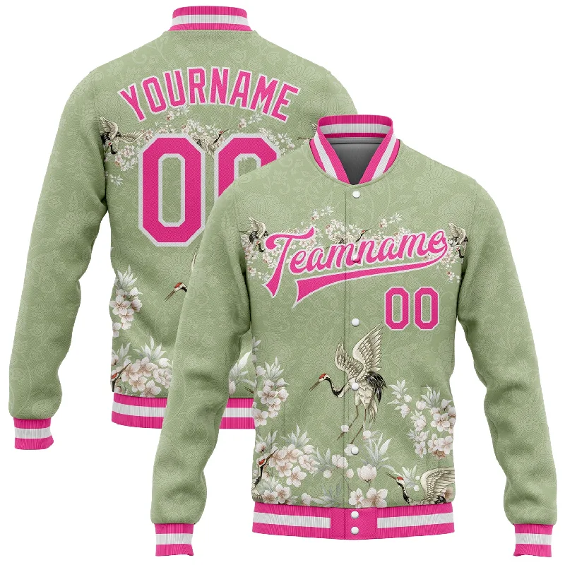 Modern Unisex Wardrobe Staples Luxury Fashion Discounts Custom Green Pink-White Flower And Crane 3D Pattern Design Bomber Full-Snap Varsity Letterman Jacket