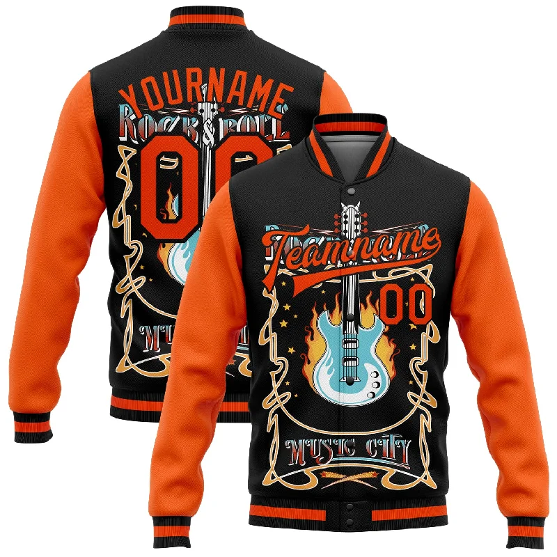 Urban-Inspired Unisex Fashion Pieces Fashion Essentials Custom Black Orange Vintage Rock Roll Music Festival 3D Pattern Design Bomber Full-Snap Varsity Letterman Jacket