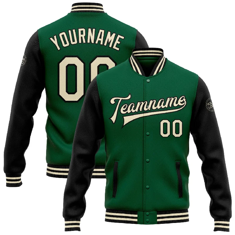 Contemporary Gender-Free Clothing Styles Exclusive Discount Custom Kelly Green Cream-Black Bomber Full-Snap Varsity Letterman Two Tone Jacket