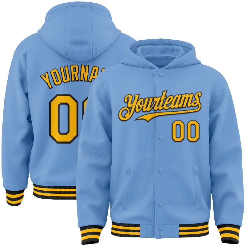 Fashion-Forward Gender-Neutral Outerwear Best-Sellers Custom Light Blue Gold-Black Bomber Full-Snap Varsity Letterman Hoodie Jacket