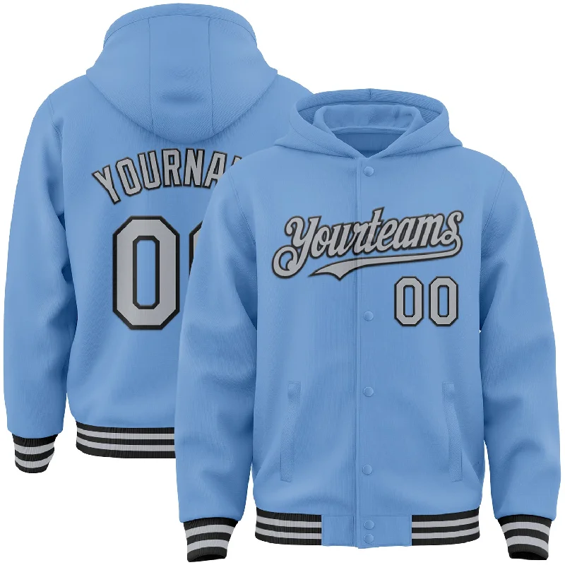 Functional And Stylish Unisex Outerwear Comfort Meets Fashion Custom Light Blue Gray-Black Bomber Full-Snap Varsity Letterman Hoodie Jacket