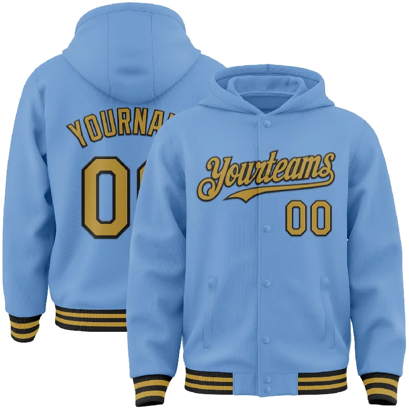 Casual And Trendy Unisex Fashion Staples End-Of-Season Clearance Custom Light Blue Old Gold-Black Bomber Full-Snap Varsity Letterman Hoodie Jacket