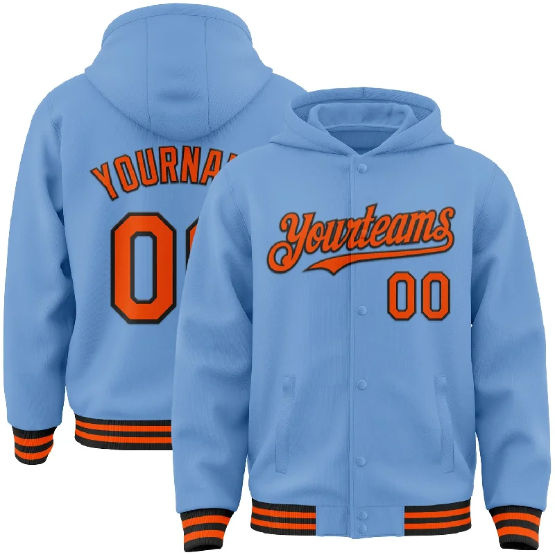 Comfortable Gender-Free Fashion Choices Fashion Sale Custom Light Blue Orange-Black Bomber Full-Snap Varsity Letterman Hoodie Jacket