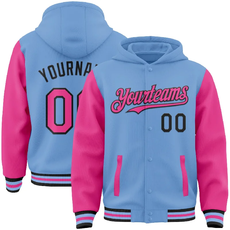 Chic And Casual Unisex Fashion Trends Fashion Essentials Custom Light Blue Pink-Black Bomber Full-Snap Varsity Letterman Two Tone Hoodie Jacket