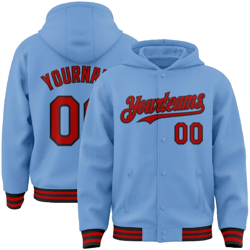 Chic And Casual Unisex Fashion Trends Clearance Event Custom Light Blue Red-Black Bomber Full-Snap Varsity Letterman Hoodie Jacket