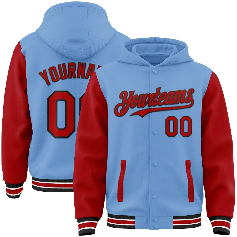 High-Quality Unisex Basics For All Occasions Unleash Your Style Custom Light Blue Red-Black Bomber Full-Snap Varsity Letterman Two Tone Hoodie Jacket