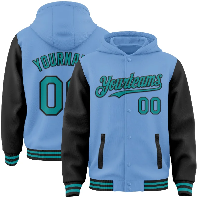 Sustainable Gender-Neutral Apparel Durable Fashion Picks Custom Light Blue Teal-Black Bomber Full-Snap Varsity Letterman Two Tone Hoodie Jacket