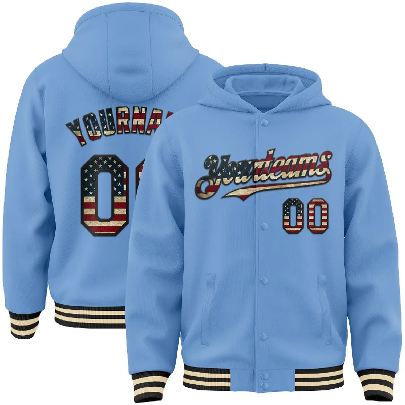 Soft And Breathable Unisex Loungewear Fashion Forward Custom Light Blue Vintage USA Flag Black-Cream Bomber Full-Snap Varsity Letterman Hoodie Jacket