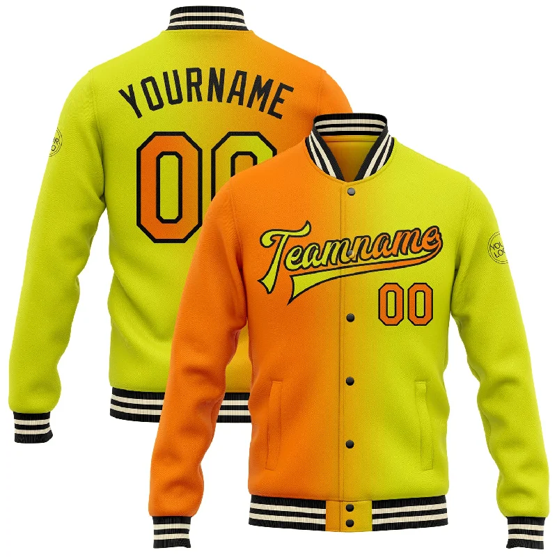 Soft And Breathable Unisex Loungewear Vintage Style Deals Custom Neon Yellow Bay Orange-Black Bomber Full-Snap Varsity Letterman Gradient Fashion Jacket