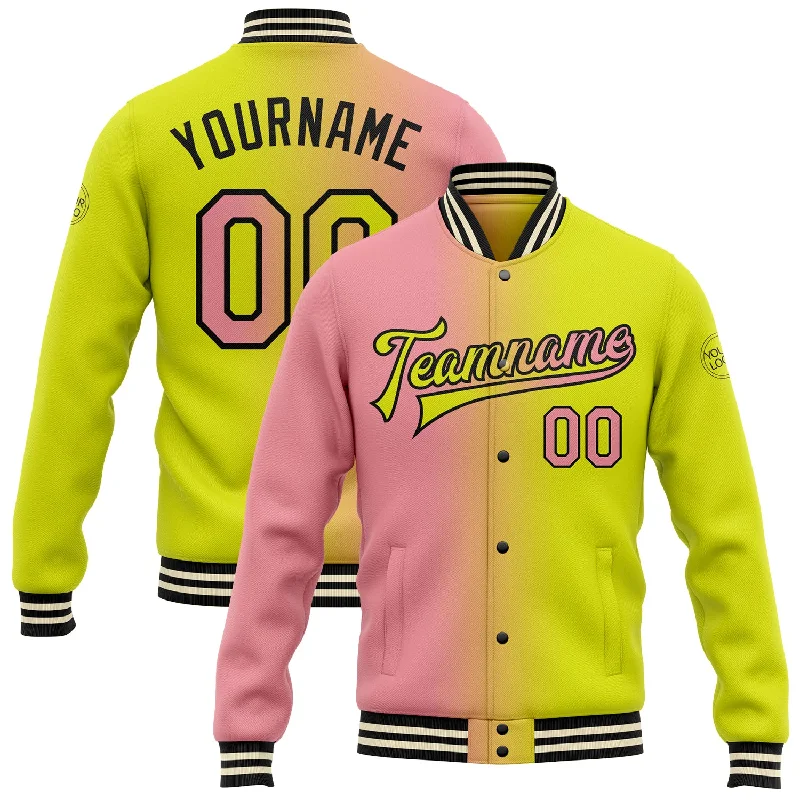 Sleek And Stylish Unisex Outerwear Bold Style Discounts Custom Neon Yellow Medium Pink-Black Bomber Full-Snap Varsity Letterman Gradient Fashion Jacket