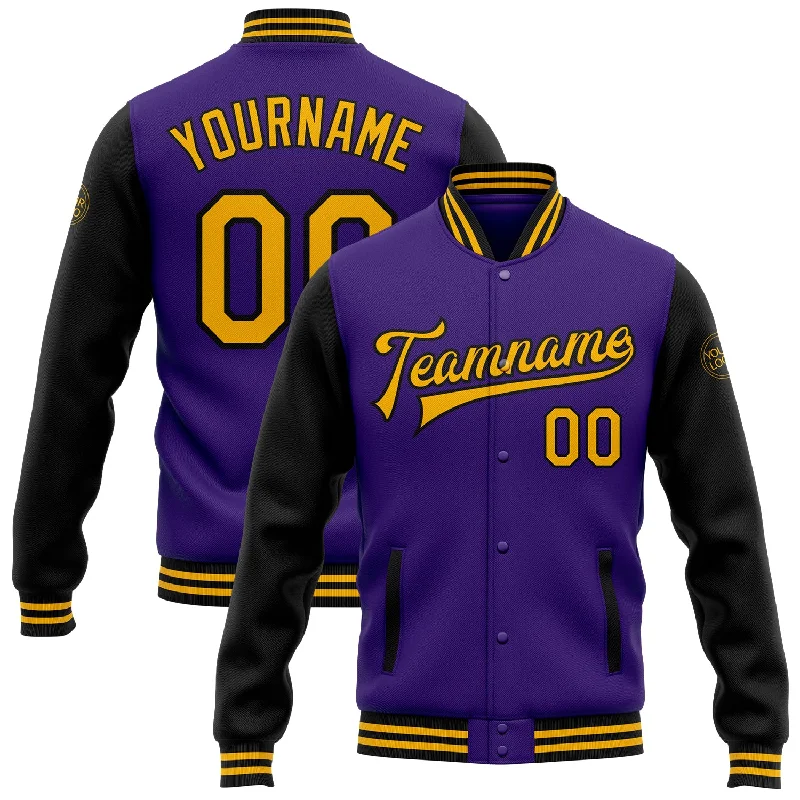 High-Quality Unisex Basics For All Occasions Inspired By You, Designed For You Custom Purple Gold-Black Bomber Full-Snap Varsity Letterman Two Tone Jacket