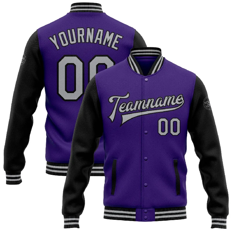 Chic And Contemporary Unisex Clothing Choices Low Price Special Custom Purple Gray-Black Bomber Full-Snap Varsity Letterman Two Tone Jacket