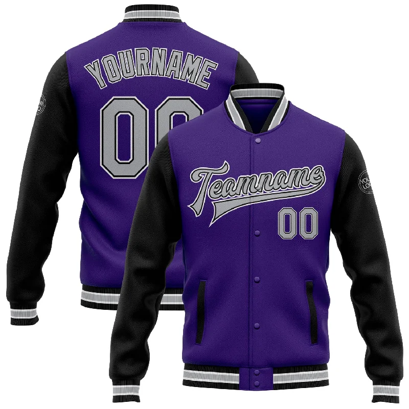 Fashion-Forward Gender-Neutral Outfit Ideas Limited Time Custom Purple Gray Black-White Bomber Full-Snap Varsity Letterman Two Tone Jacket