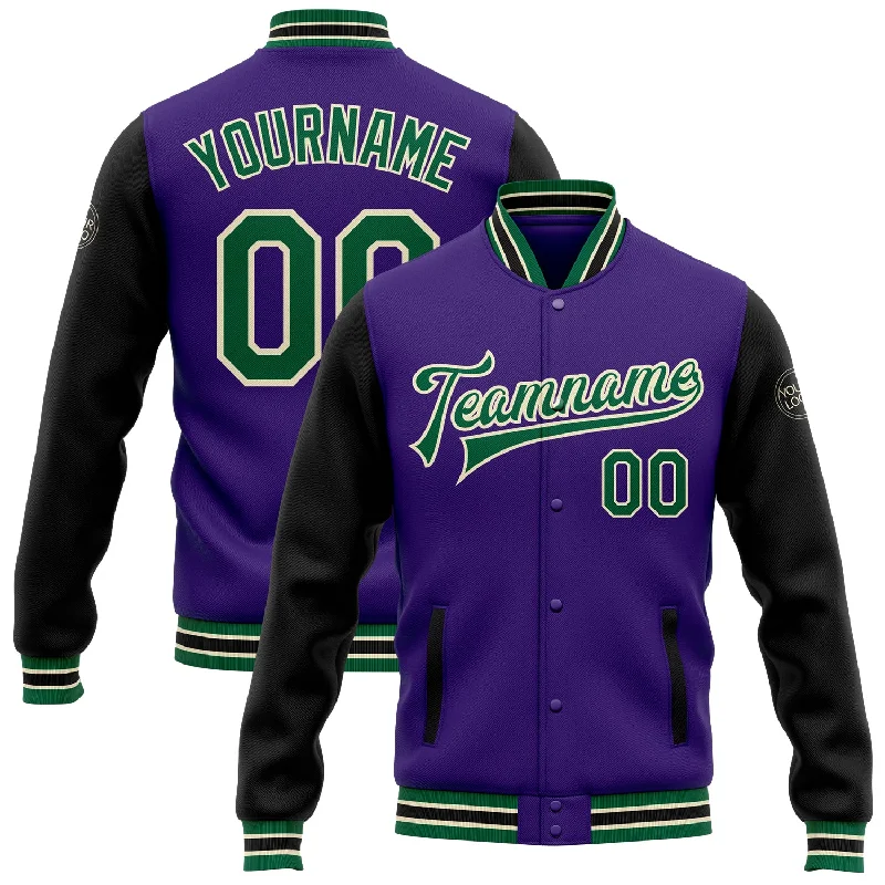 Bold And Trendy Gender-Neutral Outfits Holiday Attire Sale Custom Purple Kelly Green Black-Cream Bomber Full-Snap Varsity Letterman Two Tone Jacket