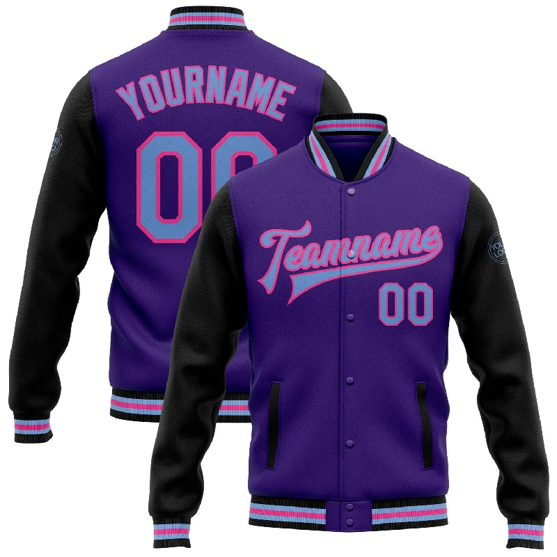 Contemporary Gender-Free Clothing Styles Daily Deals Custom Purple Light Blue Black-Pink Bomber Full-Snap Varsity Letterman Two Tone Jacket