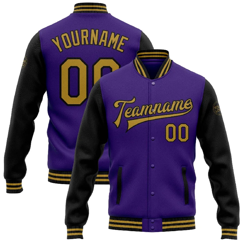 Casual And Trendy Unisex Fashion Staples Shop Sales Custom Purple Old Gold-Black Bomber Full-Snap Varsity Letterman Two Tone Jacket