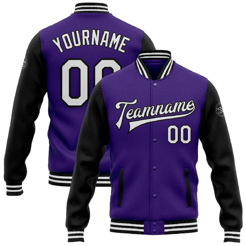 Stylish Unisex Outfit Ideas Fashion Forward Custom Purple White-Black Bomber Full-Snap Varsity Letterman Two Tone Jacket