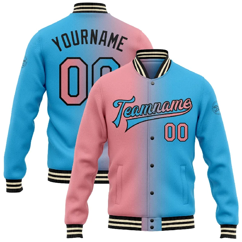 Gender-Neutral Fashion For Everyday Style Street Style Discounts Custom Sky Blue Medium Pink-Black Bomber Full-Snap Varsity Letterman Gradient Fashion Jacket