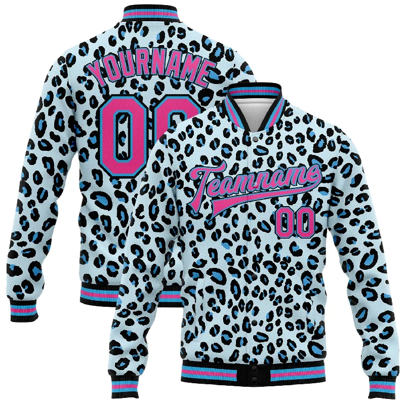 Comfortable Unisex Streetwear Chic Style, Always In Vogue Custom Sky Blue Pink-Black Leopard Print 3D Pattern Design Bomber Full-Snap Varsity Letterman Jacket