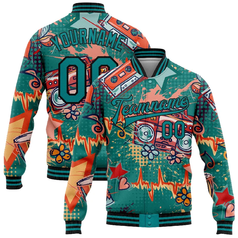 Chic And Casual Unisex Fashion Trends Premium Fashion Custom Teal Black Music Festival 3D Pattern Design Bomber Full-Snap Varsity Letterman Jacket