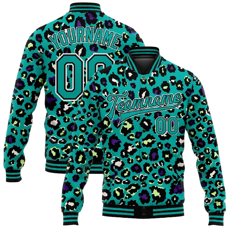 Relaxed-Fit Unisex Fashion For All-Day Comfort Limited-Time Offer Custom Teal Black-White Leopard Print 3D Pattern Design Bomber Full-Snap Varsity Letterman Jacket