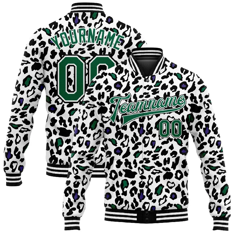 Unisex Casual Fashion Trends Luxury Fashion Custom White Kelly Green-Black Bright Leopard Print 3D Pattern Design Bomber Full-Snap Varsity Letterman Jacket