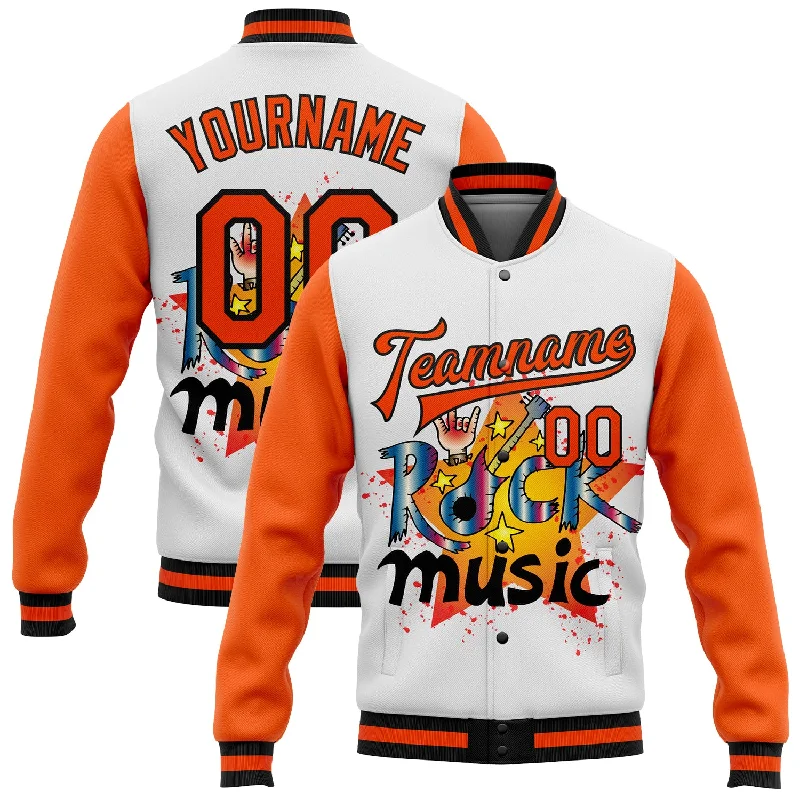 Fashion-Forward Gender-Neutral Outerwear Evening Elegance Custom White Orange-Black Rock Music Festival 3D Pattern Design Bomber Full-Snap Varsity Letterman Jacket