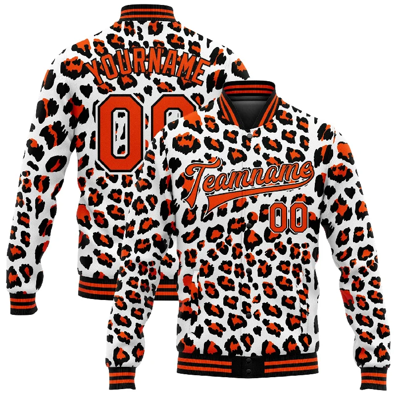 Comfortable Gender-Free Fashion Choices Season Sale Custom White Orange-Black Leopard Print 3D Pattern Design Bomber Full-Snap Varsity Letterman Jacket