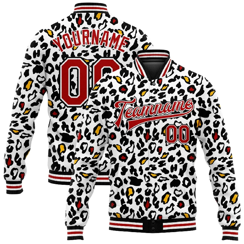 Urban-Inspired Unisex Fashion Pieces Evening Elegance Custom White Red-Black Bright Leopard Print 3D Pattern Design Bomber Full-Snap Varsity Letterman Jacket