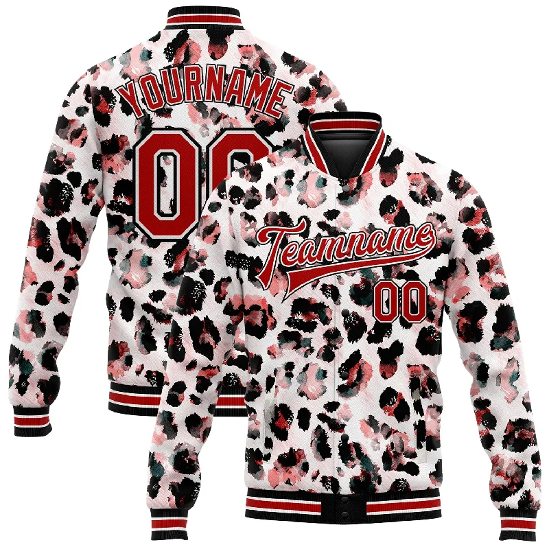 Minimalist Unisex Fashion Must-Haves Style Upgrade Custom White Red-Black Leopard Print 3D Pattern Design Bomber Full-Snap Varsity Letterman Jacket