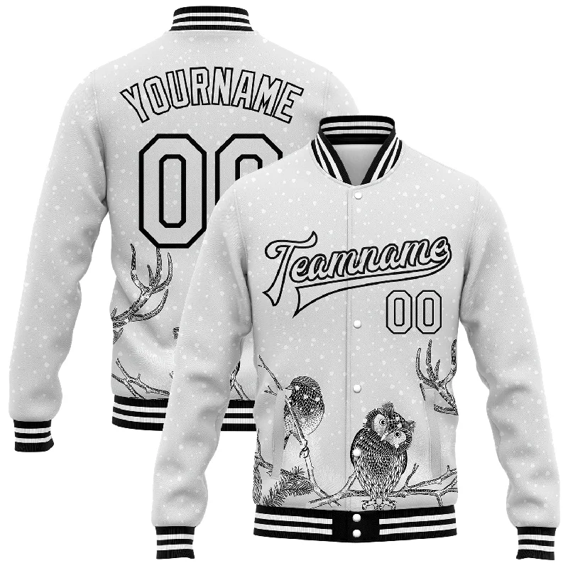 Unisex Casual Wear For All Seasons Style Without Limits Custom White Black Merry Christmas Animals In Winter 3D Bomber Full-Snap Varsity Letterman Jacket