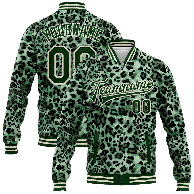 Lightweight And Breathable Unisex Wear Catch Every Fashion Trend Custom Green City Cream Leopard Print 3D Pattern Design Bomber Full-Snap Varsity Letterman Jacket