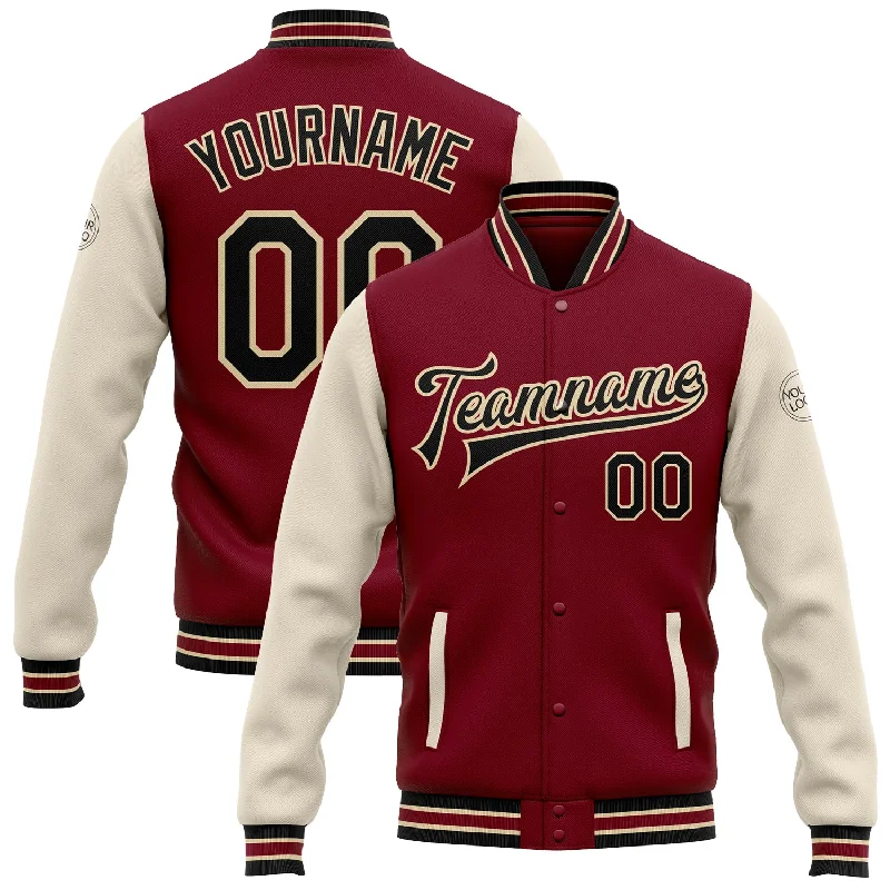 Oversized Unisex Fashion Pieces Retro Style Promotions Custom Crimson Black Cream-City Cream Bomber Full-Snap Varsity Letterman Two Tone Jacket