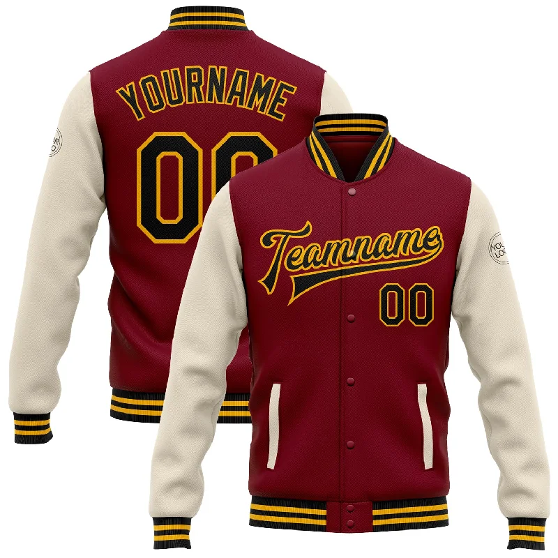 Casual Yet Sophisticated Unisex Fashion Affordable Trendy Fashion Custom Crimson Black Cream-Gold Bomber Full-Snap Varsity Letterman Two Tone Jacket