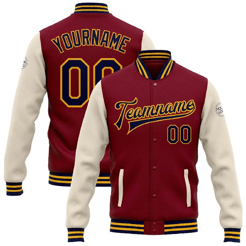 Comfortable Gender-Free Fashion Choices Casual Chic Deals Custom Crimson Navy Cream-Gold Bomber Full-Snap Varsity Letterman Two Tone Jacket