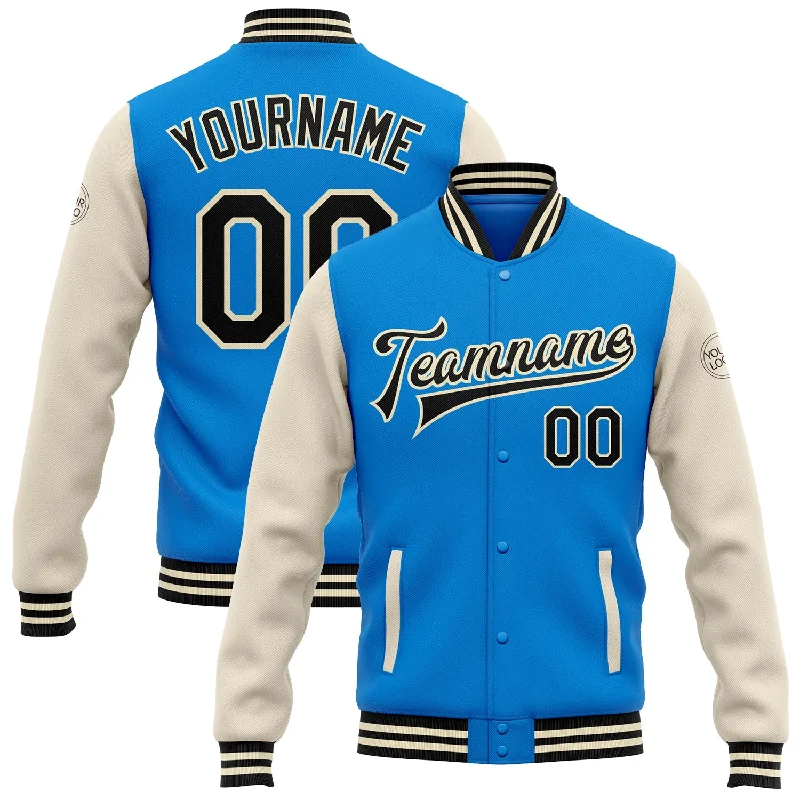 Oversized And Relaxed Unisex Fashion Fashionable Comfort Promotions Custom Powder Blue Black-Cream Bomber Full-Snap Varsity Letterman Two Tone Jacket