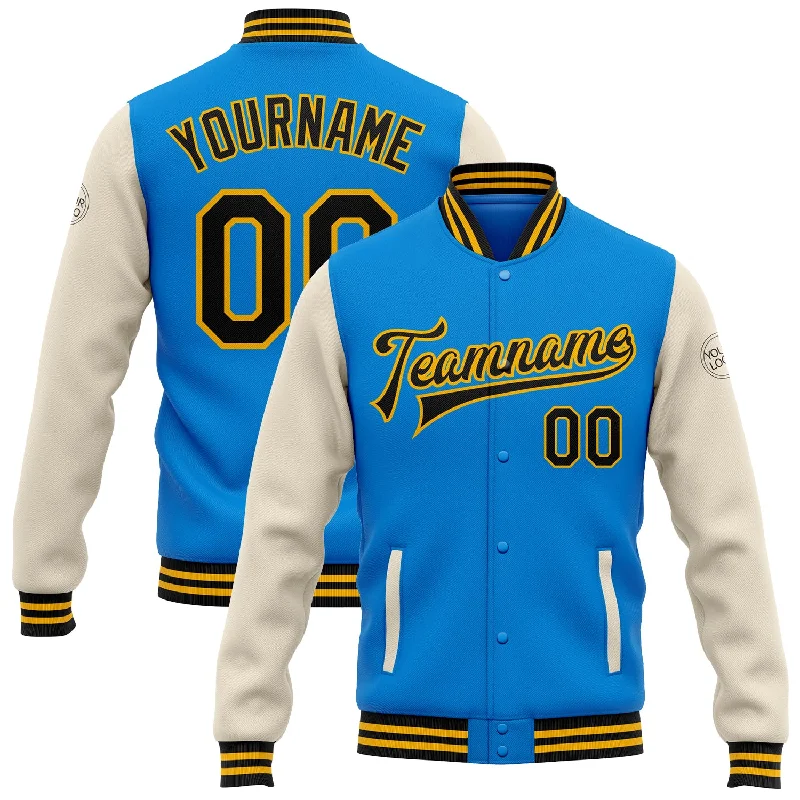 Unisex Everyday Fashion Essentials Polished Style Deals Custom Powder Blue Black Cream-Gold Bomber Full-Snap Varsity Letterman Two Tone Jacket