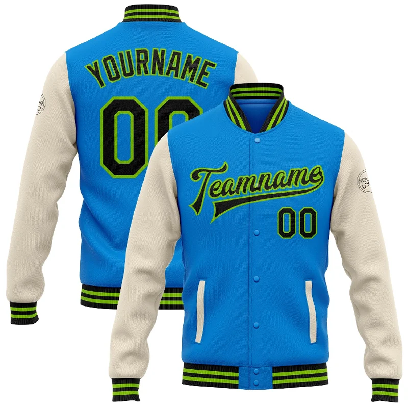 High-Quality Unisex Basics For Everyday Wear Vibrant Style Promotions Custom Powder Blue Black Cream-Neon Green Bomber Full-Snap Varsity Letterman Two Tone Jacket