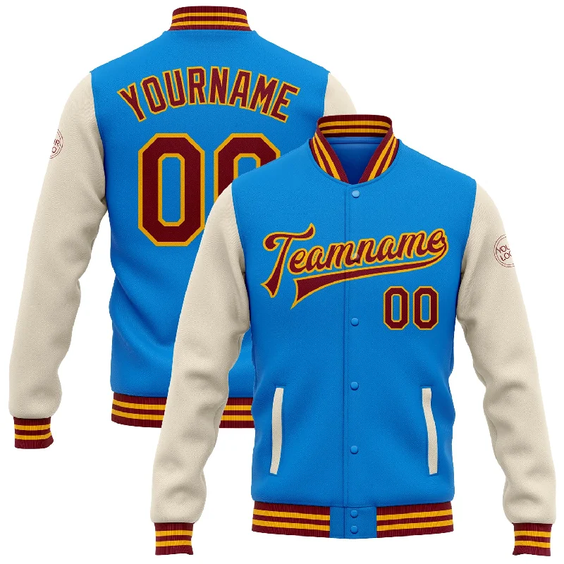 Breathable And Lightweight Unisex Wear Refined Fashion Sale Custom Powder Blue Crimson Cream-Gold Bomber Full-Snap Varsity Letterman Two Tone Jacket