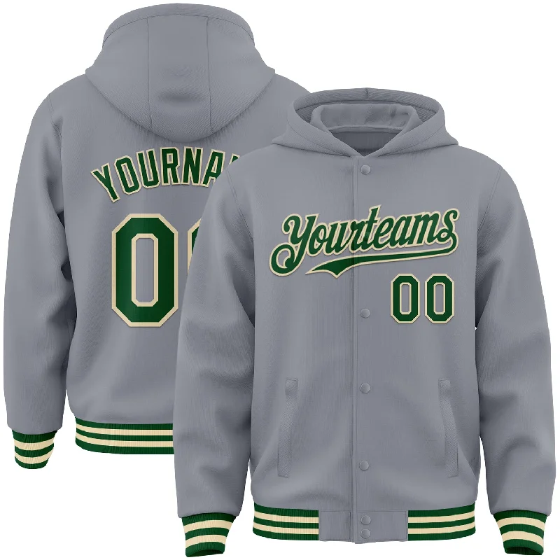 Lightweight And Breathable Unisex Wear Best Sellers Custom Gray Green-Cream Bomber Full-Snap Varsity Letterman Hoodie Jacket