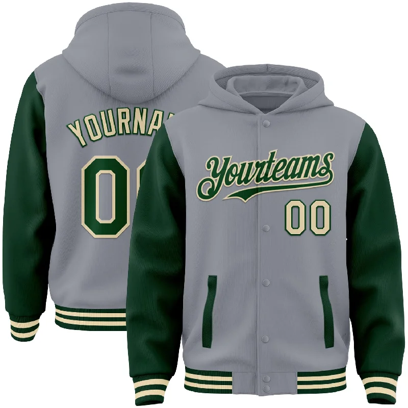 Versatile Unisex Layering Pieces Embrace New Fashion Custom Gray Green-Cream Bomber Full-Snap Varsity Letterman Two Tone Hoodie Jacket