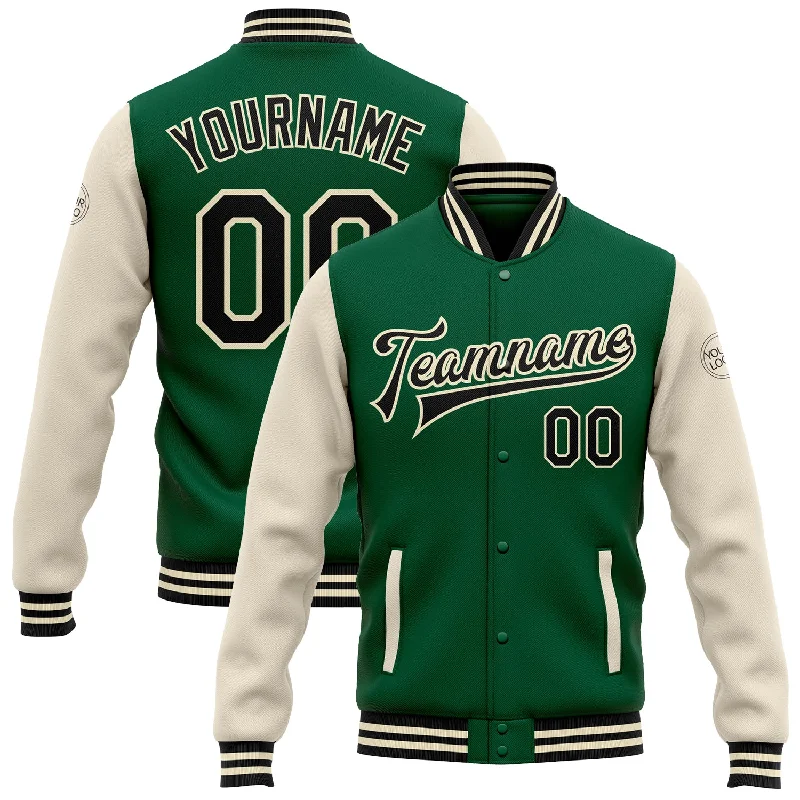 Oversized Unisex Apparel For Effortless Style Style Upgrade Custom Kelly Green Black-Cream Bomber Full-Snap Varsity Letterman Two Tone Jacket