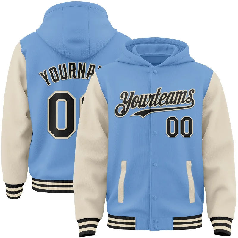 Functional And Stylish Unisex Outerwear Modish Fashion Discounts Custom Light Blue Black-Cream Bomber Full-Snap Varsity Letterman Two Tone Hoodie Jacket