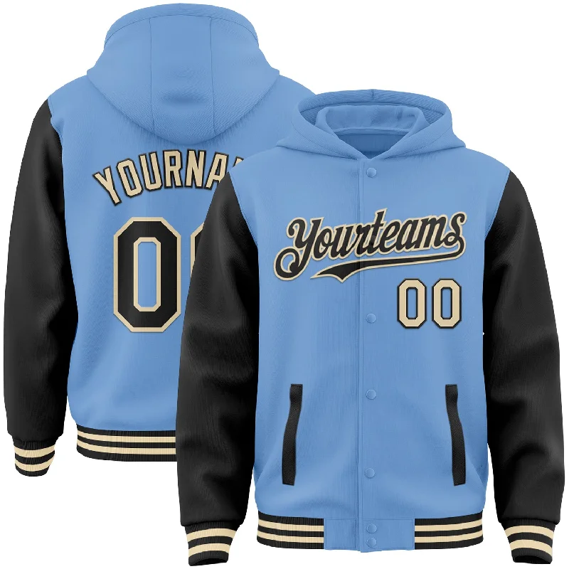 Gender-Neutral Trendy Clothing Styles Latest Trends Custom Light Blue Black-Cream Bomber Full-Snap Varsity Letterman Two Tone Hoodie Jacket