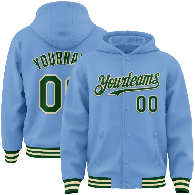 Gender-Neutral Fashion For Everyday Style Hot Trends Custom Light Blue Green-Cream Bomber Full-Snap Varsity Letterman Hoodie Jacket